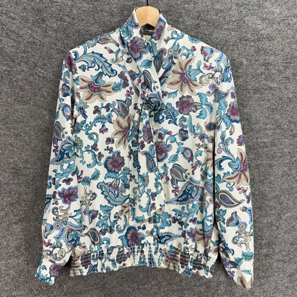 Alfred Dunner Blouse Women 10 White Floral High Neck Tie Up Long Sleeve Casual